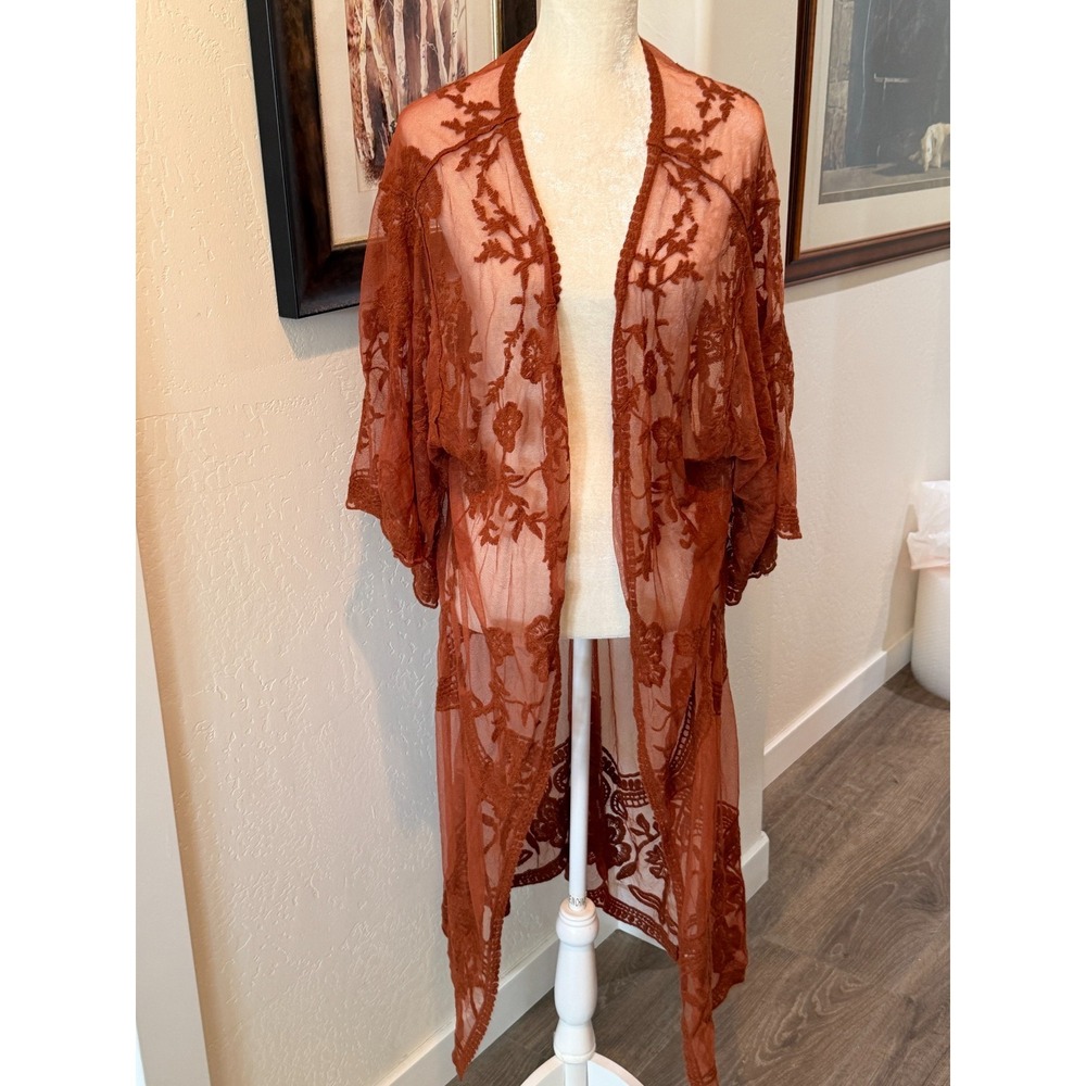 SO Women's Rust Floral LargeEmbroidered Lace Kimono Duster Sheer Open Front Boho